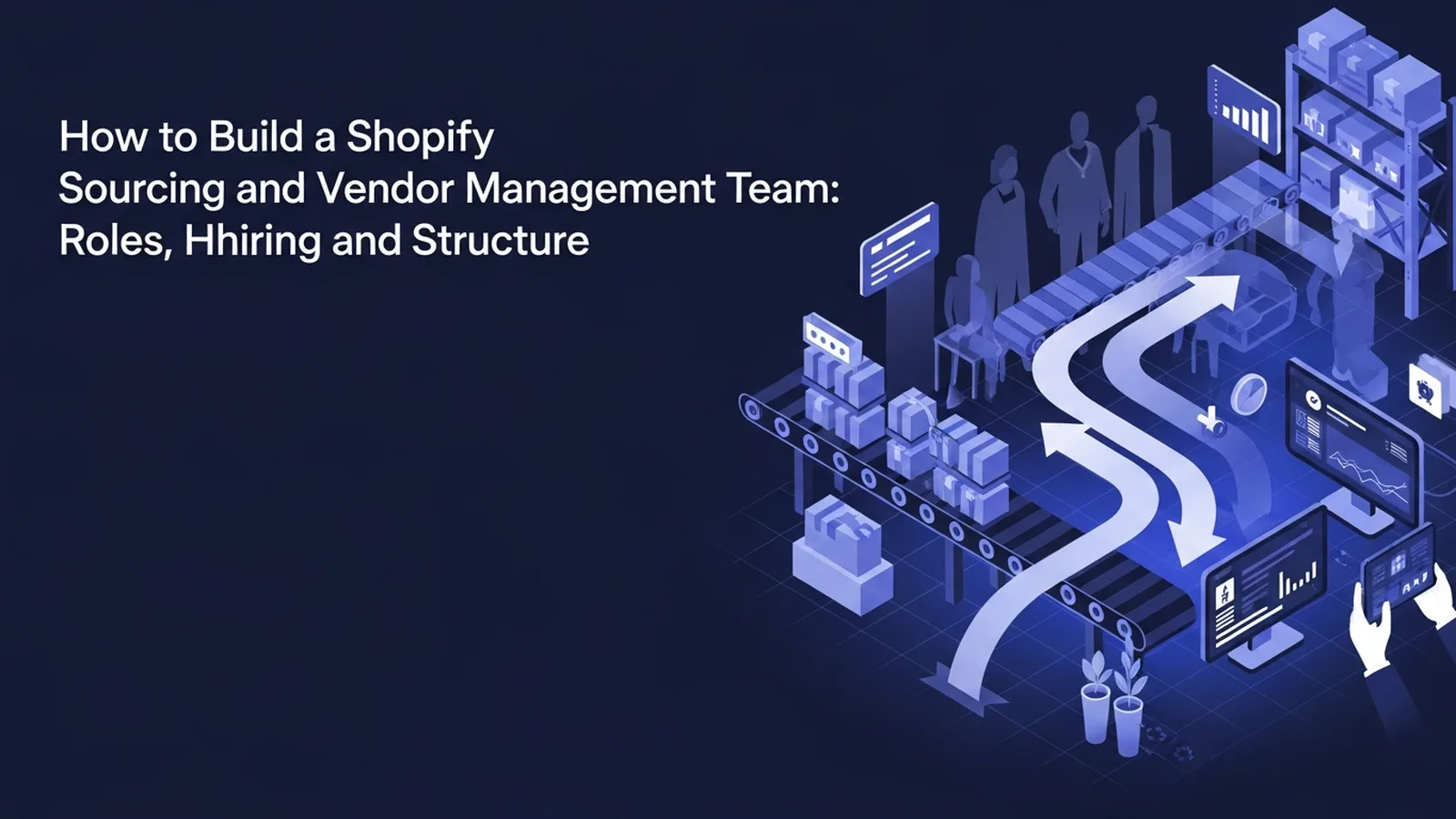 Abstract conveyor belts and flowing arrows connect warehouse silhouettes with digital dashboard elements in calm blue tones