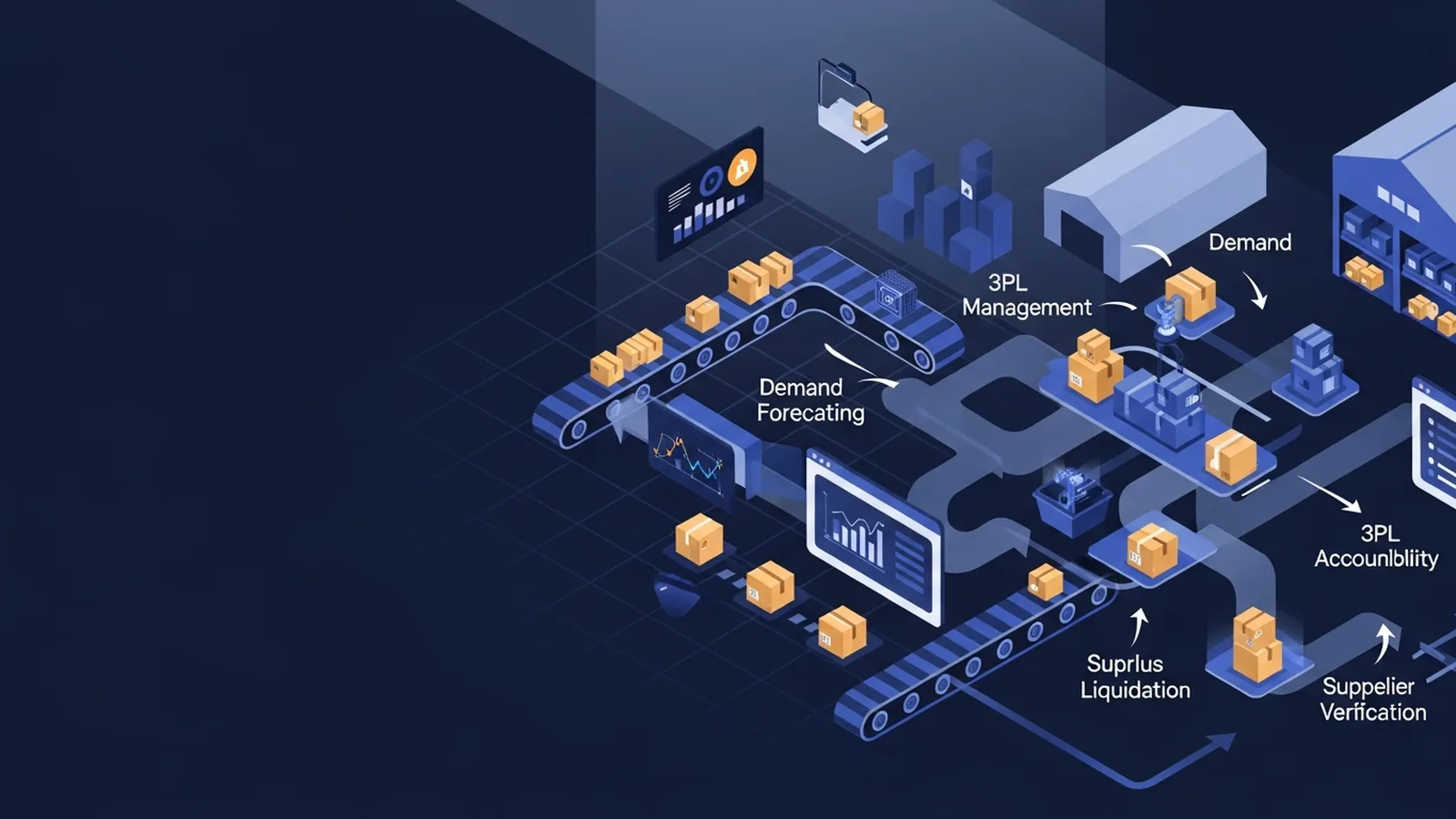 Organized warehouse shelves with glowing blue digital overlays showing order routing paths in a modern fulfillment center