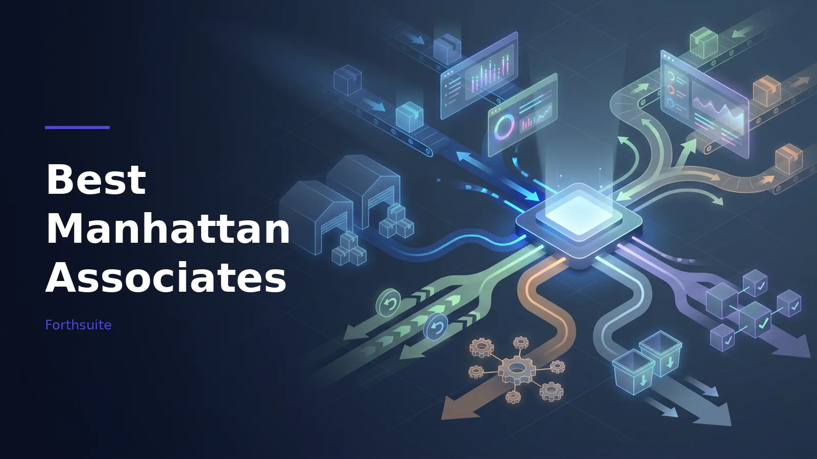 Dark blue glowing supply chain network with a central chip and Best Manhattan Associates text. Overlaid text reads “Best Manhattan Associates”.