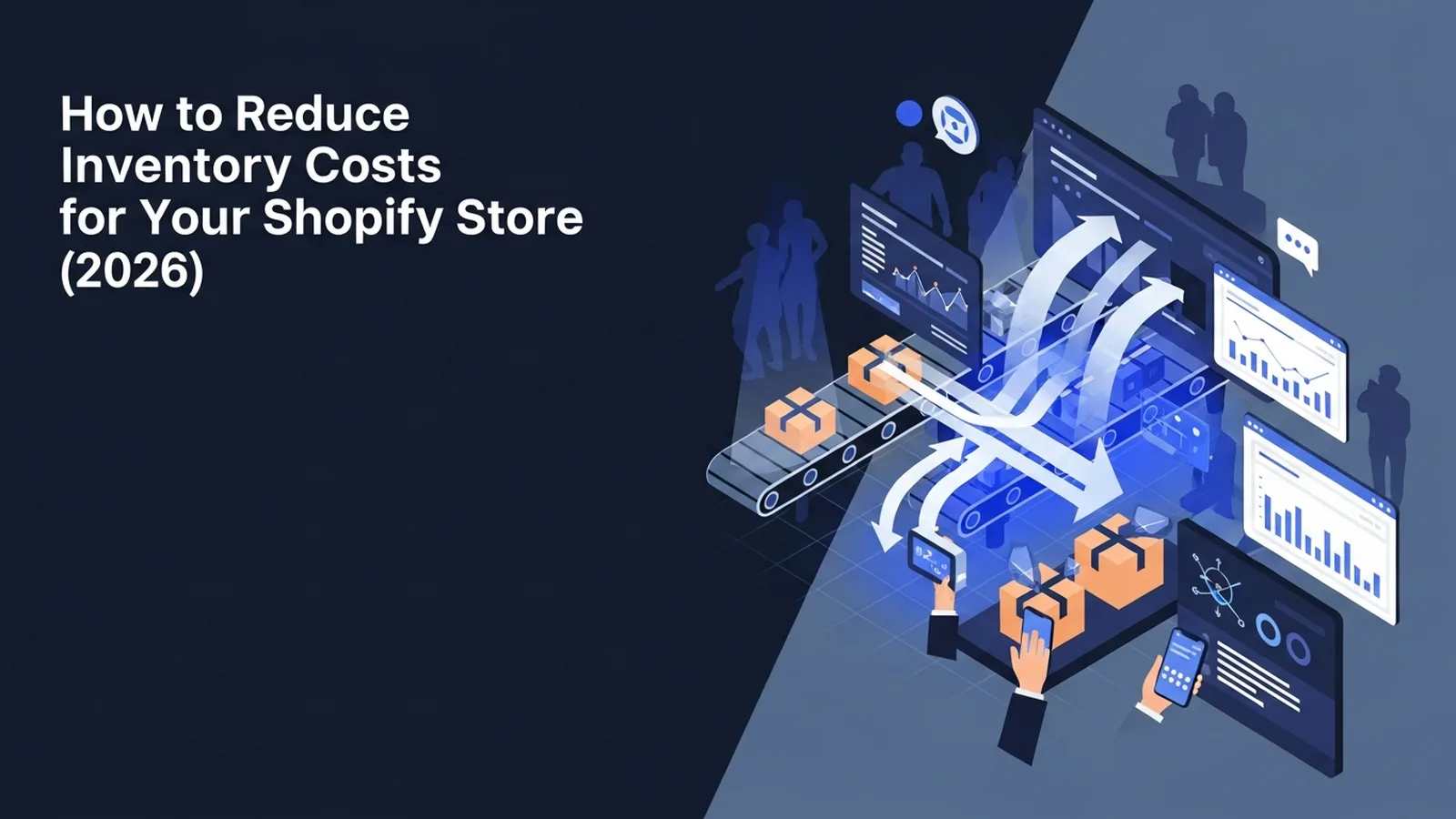 Organized warehouse shelves with glowing blue inventory analytics overlays in a clean, modern tech-forward composition