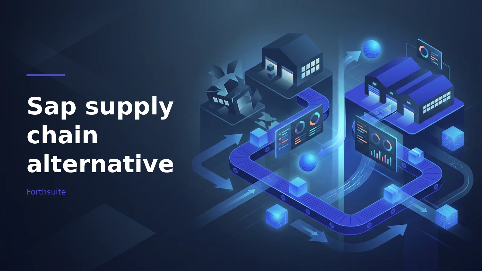 Blue isometric factories, conveyor belts, cubes, and data screens showing a Sap supply chain alternative. Overlaid text reads “Sap supply chain alternative” with the Forthsuite wordmark.