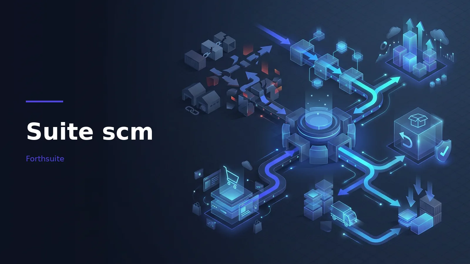 Isometric blue digital supply network with glowing hub, arrows, boxes, and trucks for Suite scm. Overlaid text reads “Suite scm” with the Forthsuite wordmark.