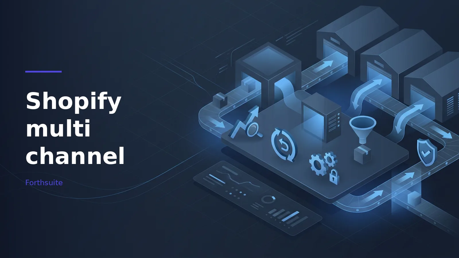 Dark blue isometric logistics network with warehouses, conveyor belts, and Shopify multi channel text. Overlaid text reads “Shopify multi channel”.