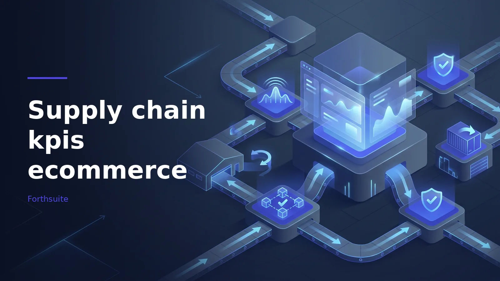 Dark blue isometric conveyor belts connecting a glowing data cube, factory, and supply chain kpis ecommerce. Overlaid text reads “Supply chain kpis ecommerce” with the Forthsuite wordmark.