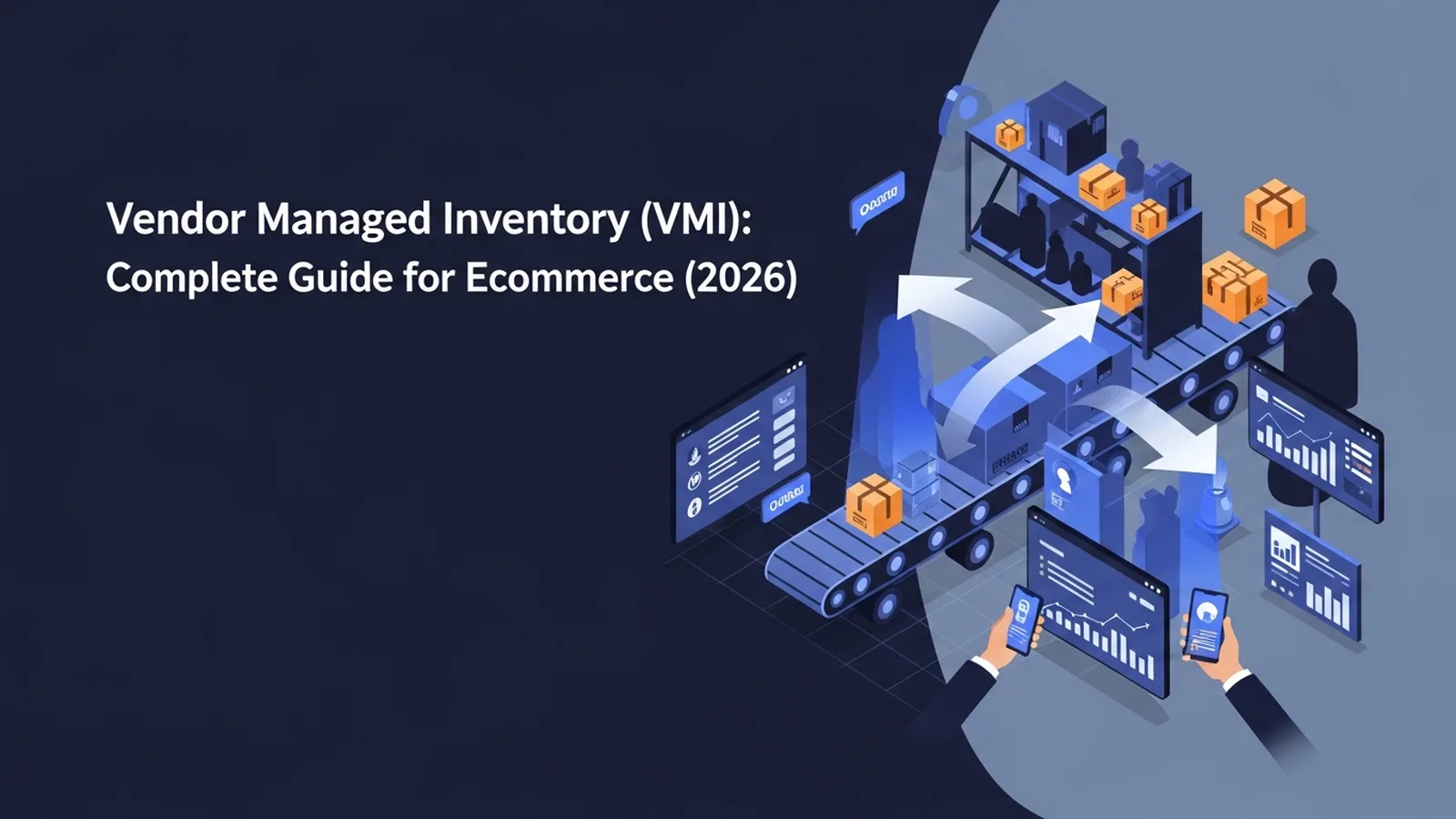 Modern warehouse shelving with organized inventory bathed in electric blue light conveying automated efficiency