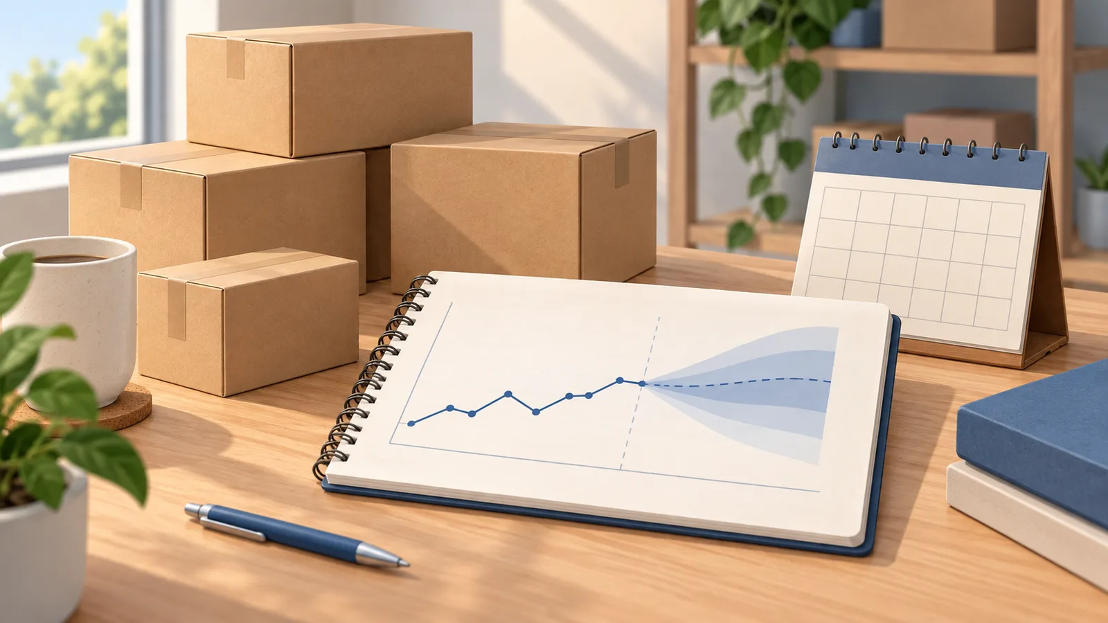 Illustration of a notebook with a conceptual forecast and uncertainty range beside plain boxes and a calendar.