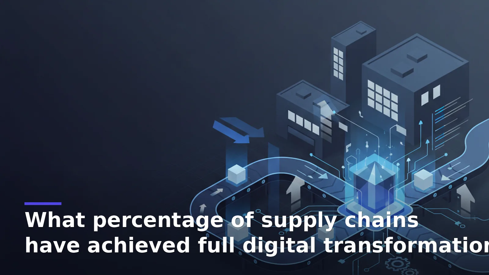 Supply chain digital transformation with abstract conveyor belts, flowing arrows, warehouse silhouettes, and ecommerce dashboards